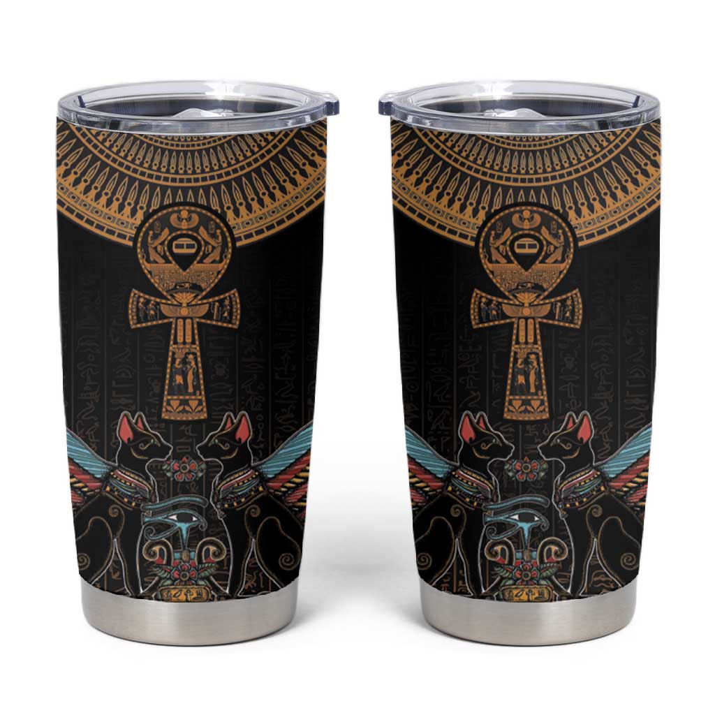 Winged Egypt Cats Tumbler Cup Hieroglyphs Alphabet Pattern
