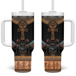Winged Egypt Cats Tumbler With Handle Hieroglyphs Alphabet Pattern