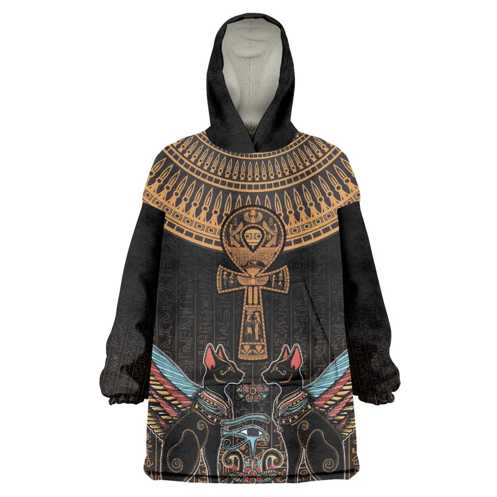 Winged Egypt Cats Wearable Blanket Hoodie Hieroglyphs Alphabet Pattern