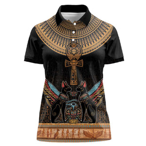 Winged Egypt Cats Women Polo Shirt Hieroglyphs Alphabet Pattern