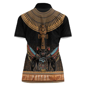 Winged Egypt Cats Women Polo Shirt Hieroglyphs Alphabet Pattern