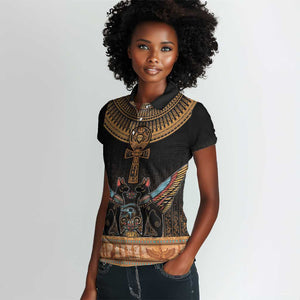 Winged Egypt Cats Women Polo Shirt Hieroglyphs Alphabet Pattern