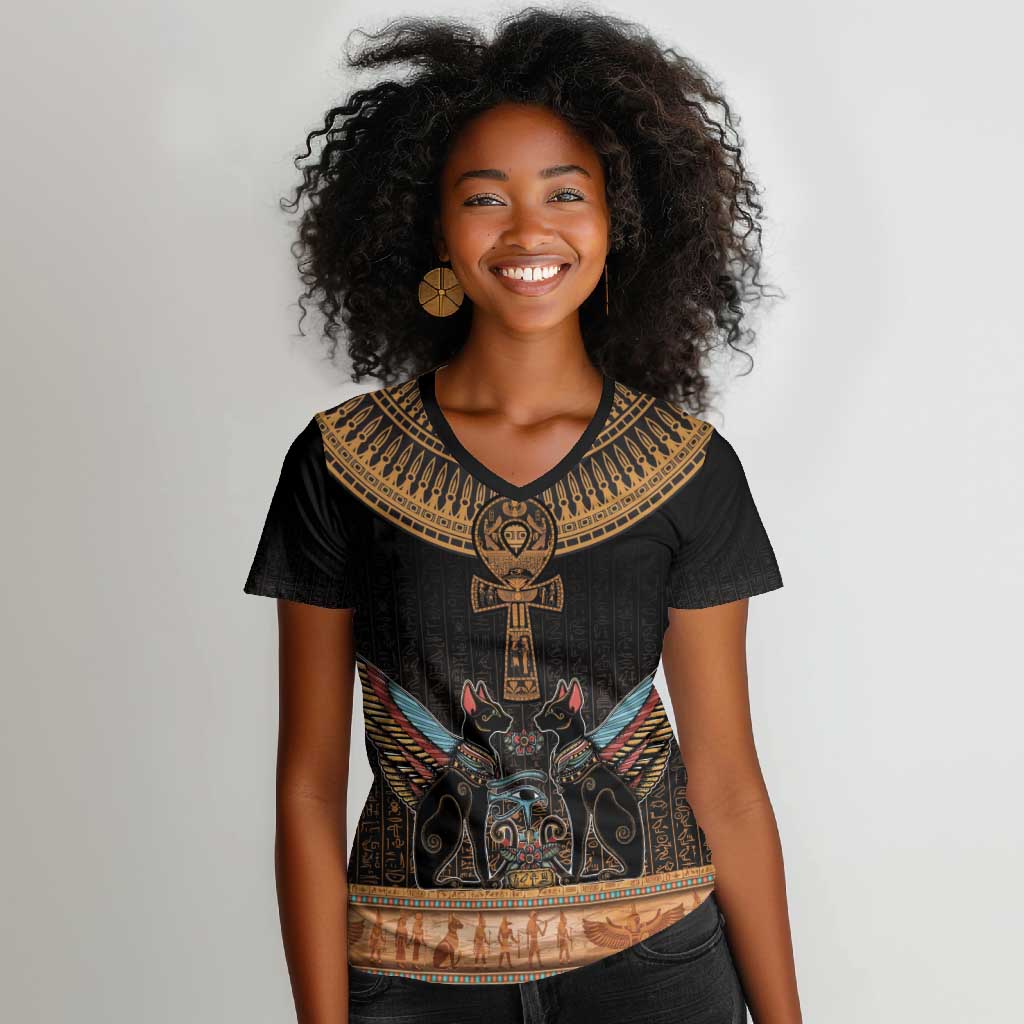 Winged Egypt Cats Women V-Neck T-Shirt Hieroglyphs Alphabet Pattern