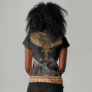 Winged Egypt Cats Women V-Neck T-Shirt Hieroglyphs Alphabet Pattern