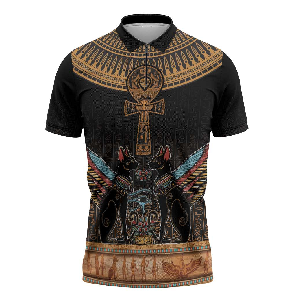 Winged Egypt Cats Zipper Polo Shirt Hieroglyphs Alphabet Pattern