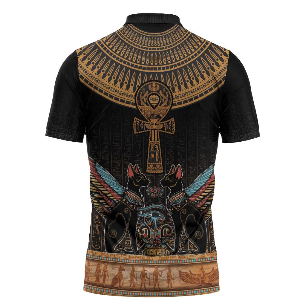 Winged Egypt Cats Zipper Polo Shirt Hieroglyphs Alphabet Pattern