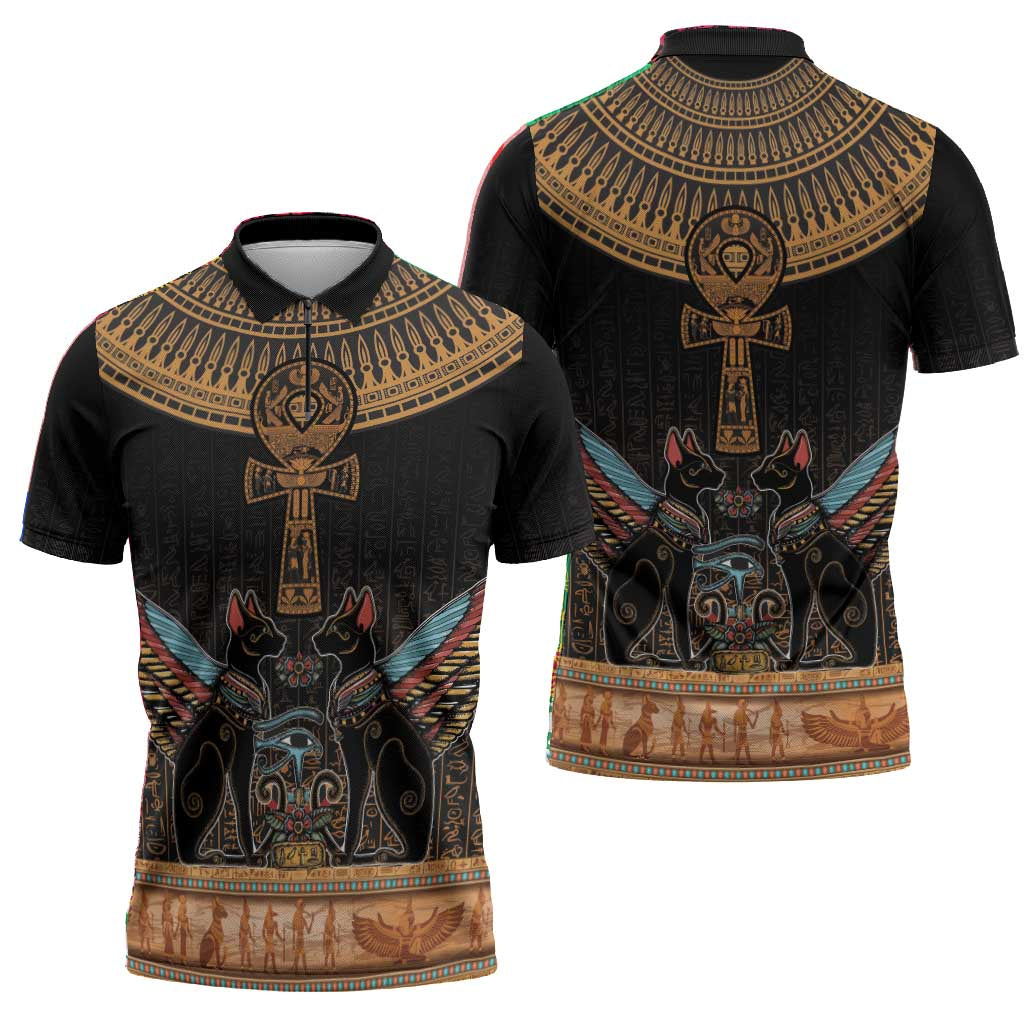 Winged Egypt Cats Zipper Polo Shirt Hieroglyphs Alphabet Pattern