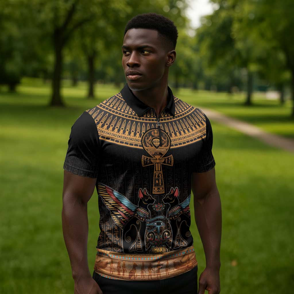 Winged Egypt Cats Zipper Polo Shirt Hieroglyphs Alphabet Pattern