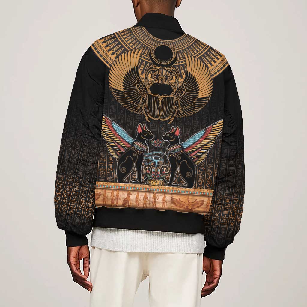 Ancient Egypt Scarab Beetle Bomber Jacket Hieroglyphs Alphabet Pattern