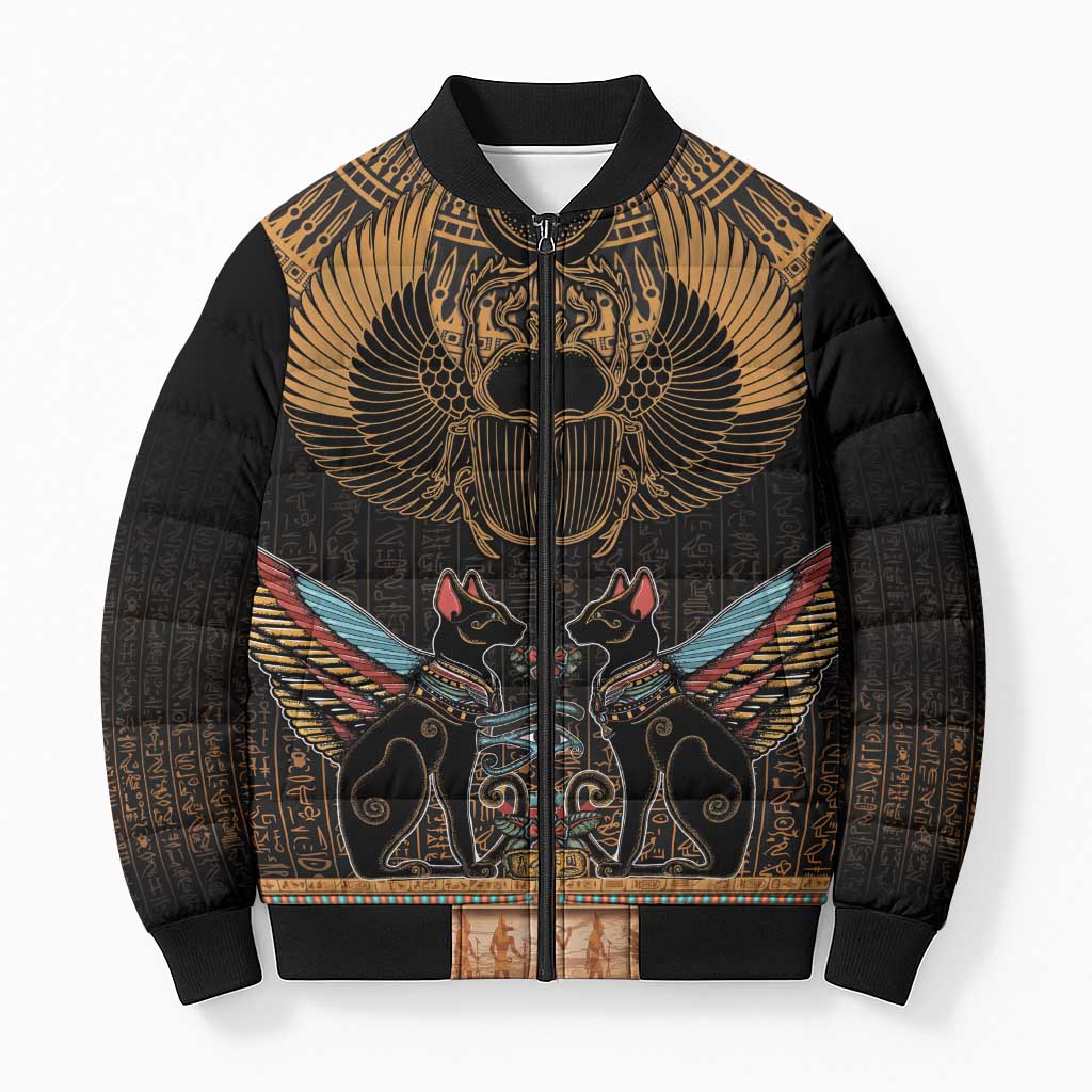 Ancient Egypt Scarab Beetle Bomber Puffer Jacket Hieroglyphs Alphabet Pattern