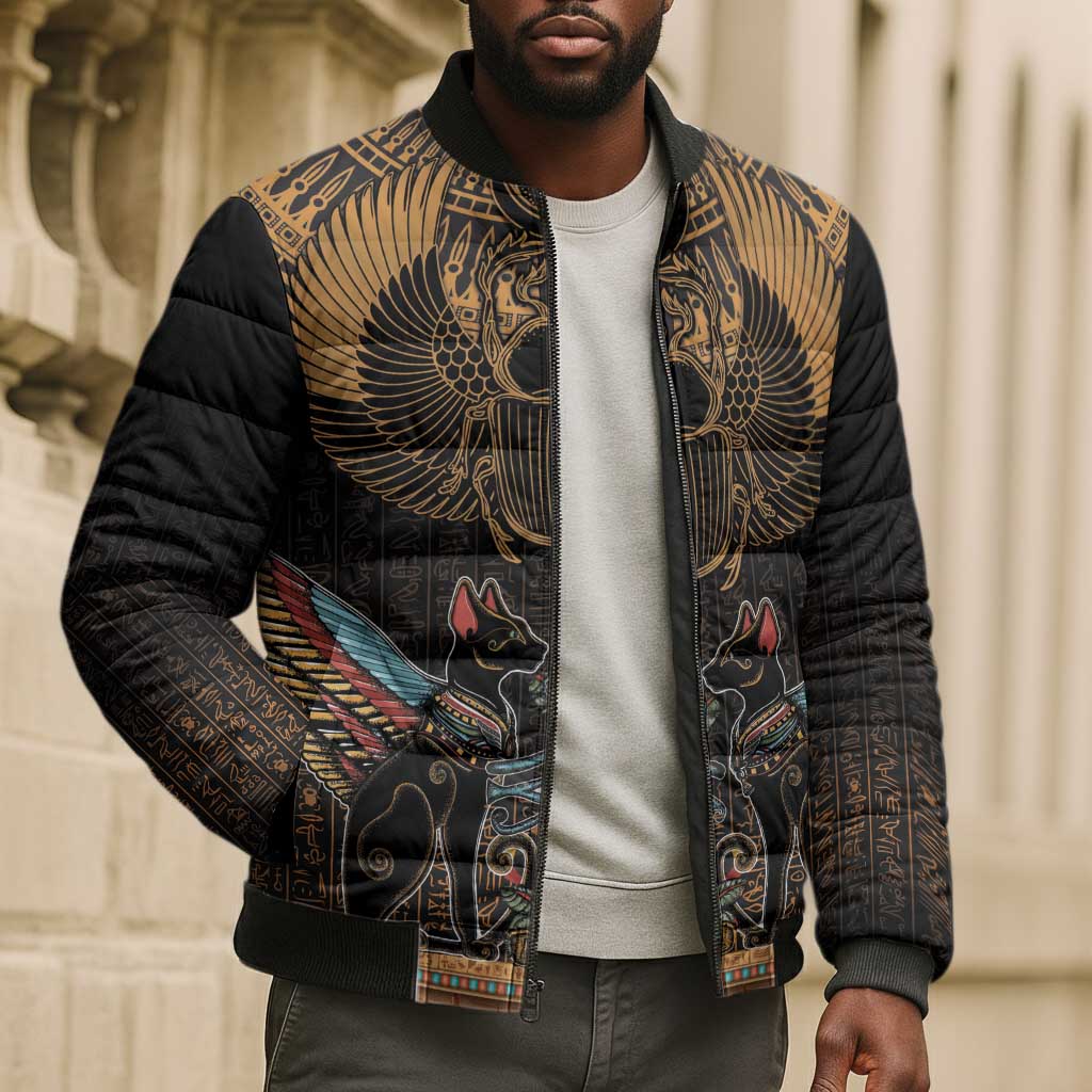 Ancient Egypt Scarab Beetle Bomber Puffer Jacket Hieroglyphs Alphabet Pattern