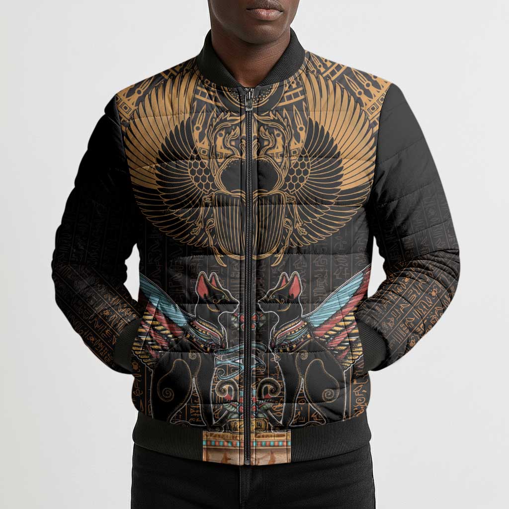 Ancient Egypt Scarab Beetle Bomber Puffer Jacket Hieroglyphs Alphabet Pattern