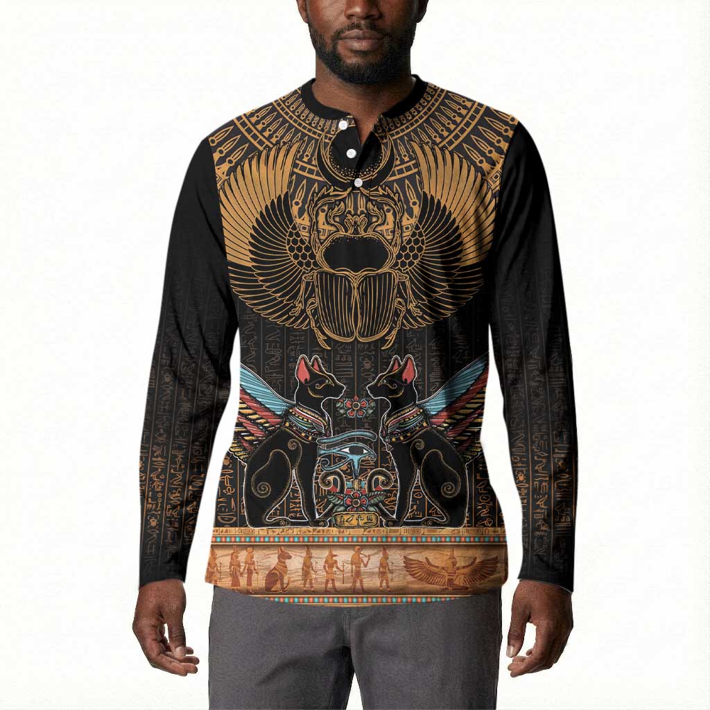 Ancient Egypt Scarab Beetle Button Sweatshirt Hieroglyphs Alphabet Pattern