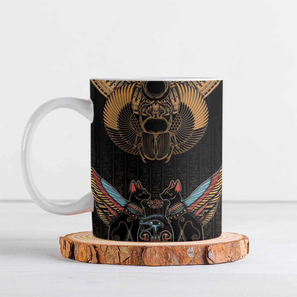 Ancient Egypt Scarab Beetle Ceramic Mug Hieroglyphs Alphabet Pattern