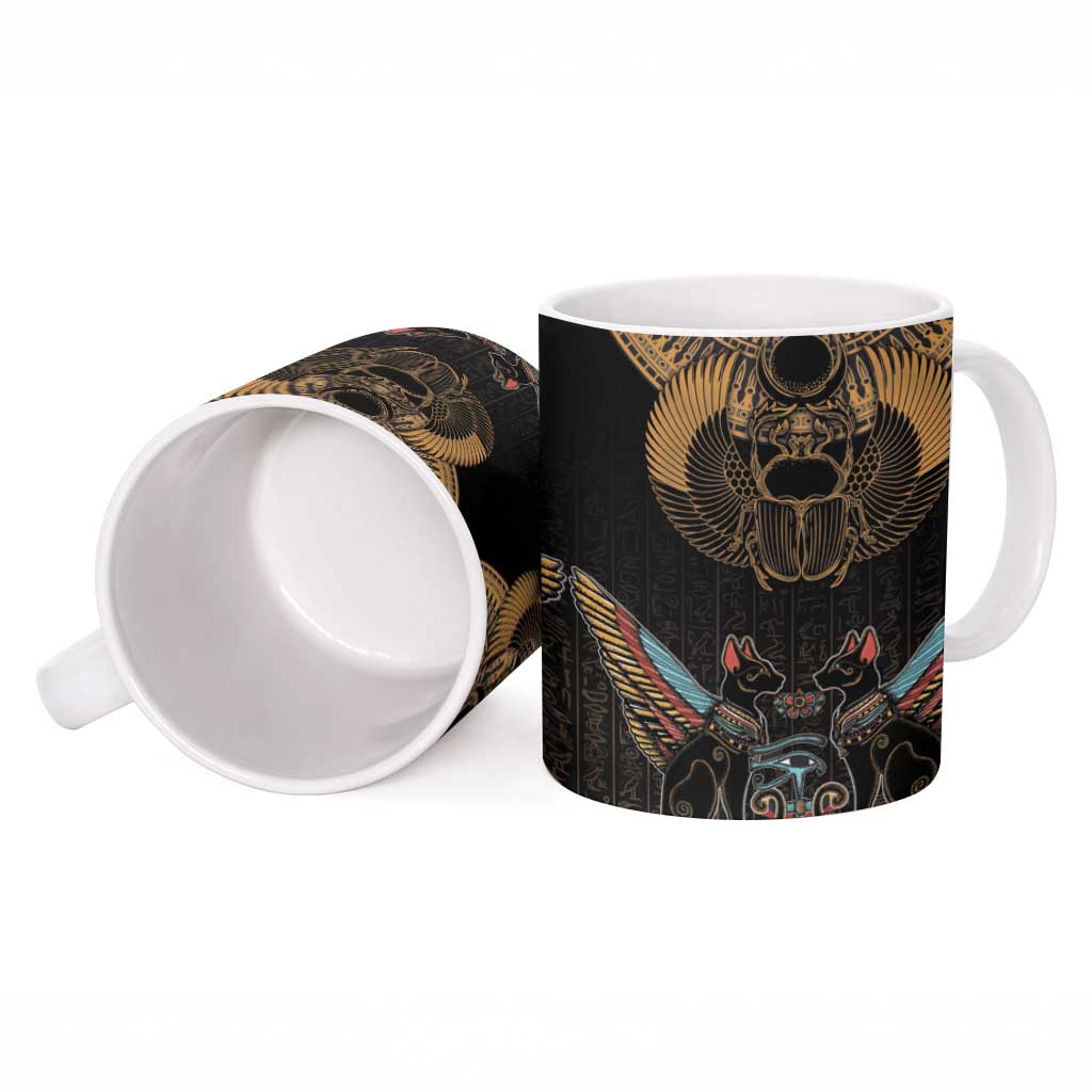 Ancient Egypt Scarab Beetle Ceramic Mug Hieroglyphs Alphabet Pattern