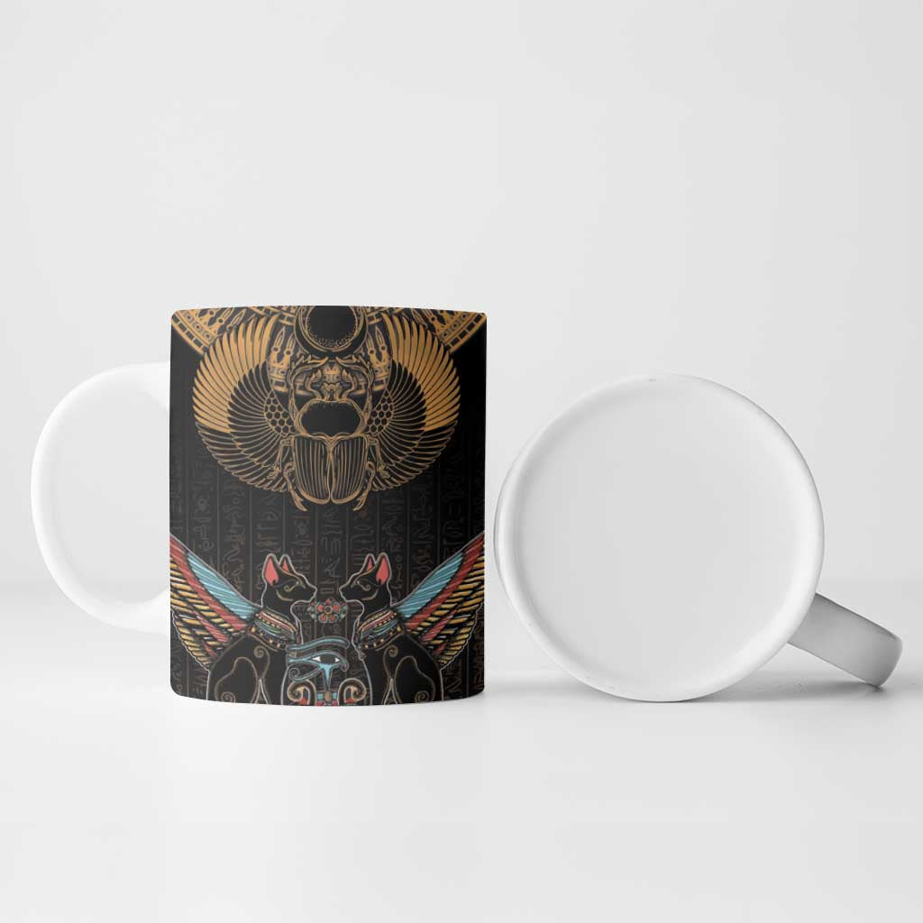 Ancient Egypt Scarab Beetle Ceramic Mug Hieroglyphs Alphabet Pattern