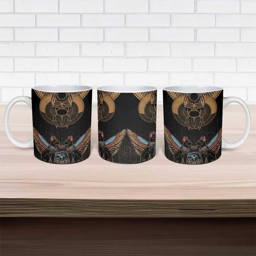 Ancient Egypt Scarab Beetle Ceramic Mug Hieroglyphs Alphabet Pattern