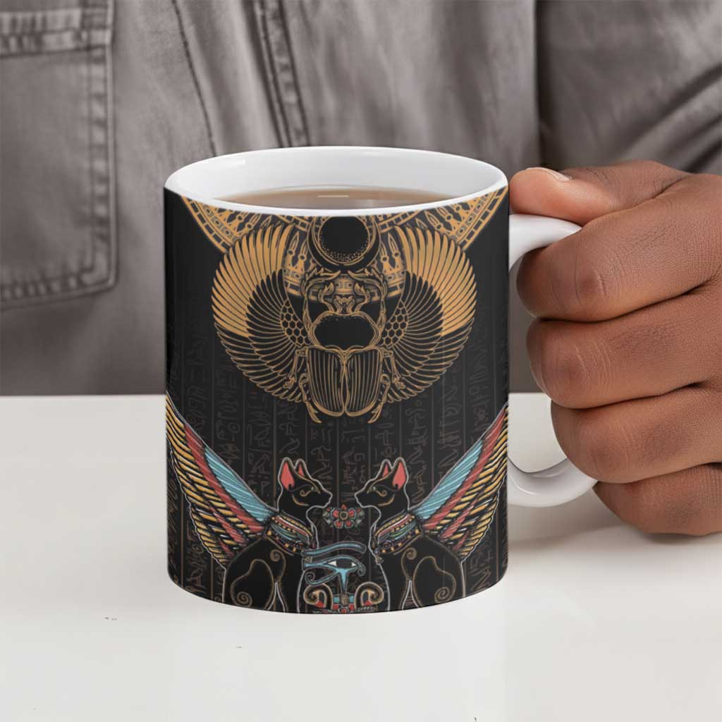Ancient Egypt Scarab Beetle Ceramic Mug Hieroglyphs Alphabet Pattern