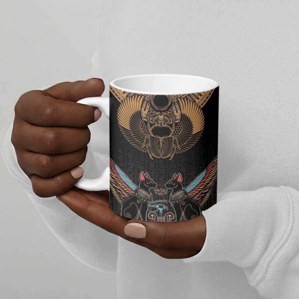 Ancient Egypt Scarab Beetle Ceramic Mug Hieroglyphs Alphabet Pattern
