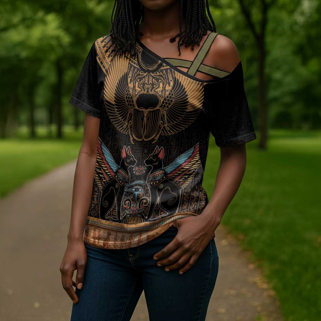 Ancient Egypt Scarab Beetle Cross Shoulder Shirt Hieroglyphs Alphabet Pattern