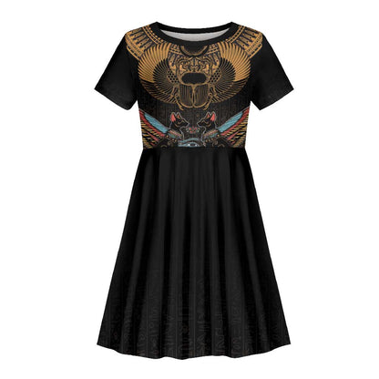 Ancient Egypt Scarab Beetle Kid Short Sleeve Dress Hieroglyphs Alphabet Pattern