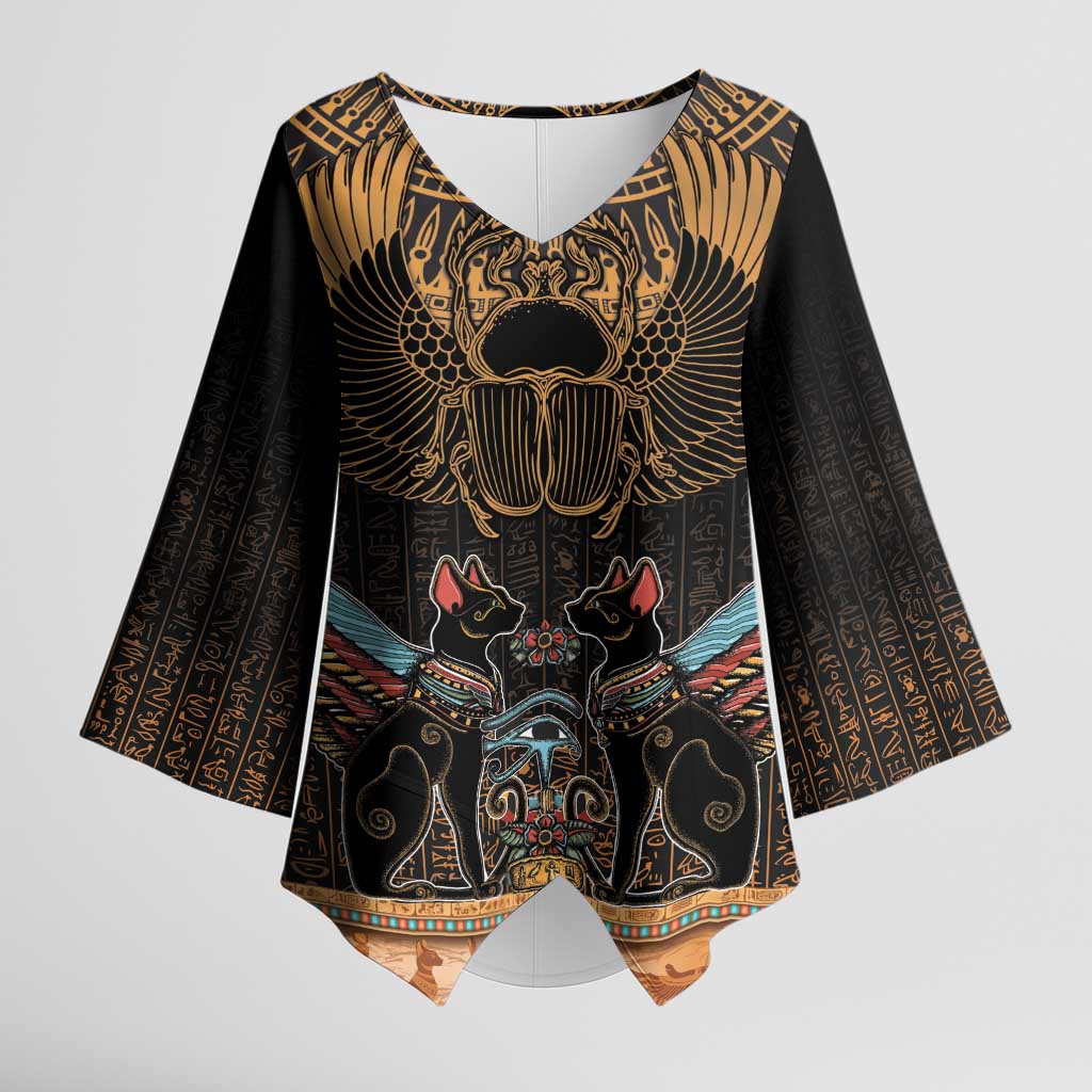 Ancient Egypt Scarab Beetle Kimono Sleeve Blouse Hieroglyphs Alphabet Pattern