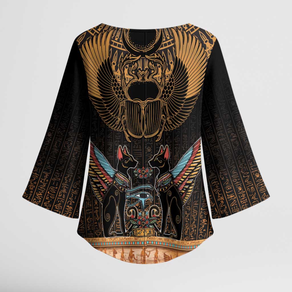 Ancient Egypt Scarab Beetle Kimono Sleeve Blouse Hieroglyphs Alphabet Pattern