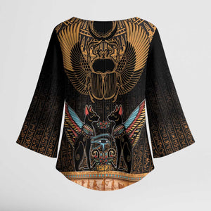 Ancient Egypt Scarab Beetle Kimono Sleeve Blouse Hieroglyphs Alphabet Pattern