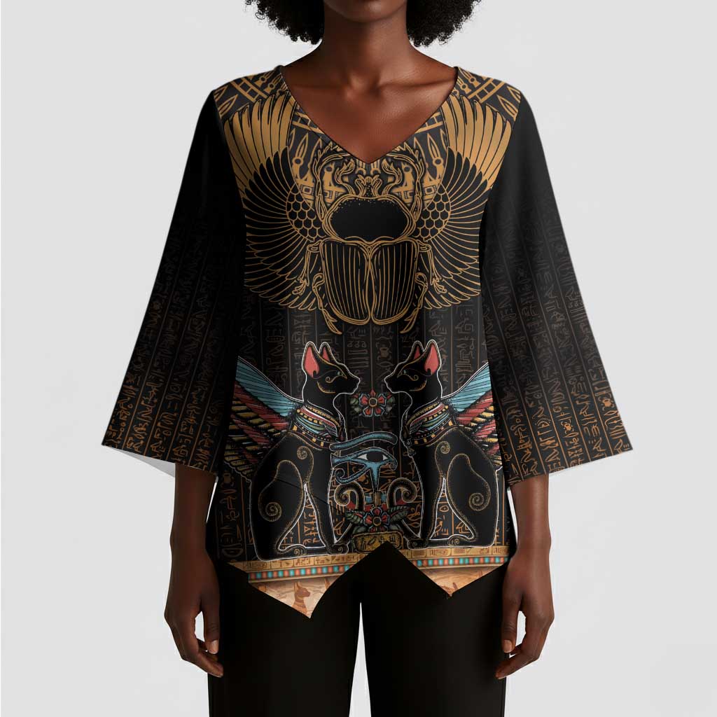 Ancient Egypt Scarab Beetle Kimono Sleeve Blouse Hieroglyphs Alphabet Pattern