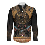 Ancient Egypt Scarab Beetle Long Sleeve Button Shirt Hieroglyphs Alphabet Pattern