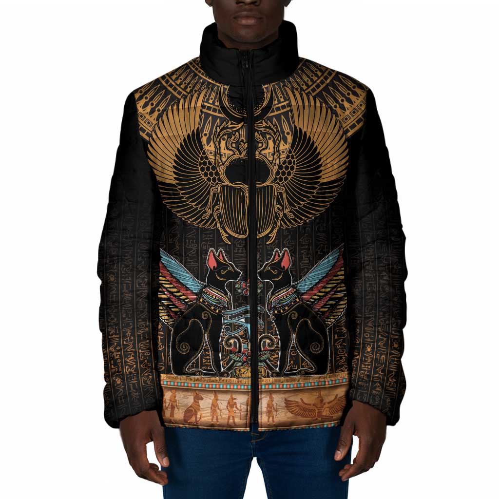 Ancient Egypt Scarab Beetle Padded Jacket Hieroglyphs Alphabet Pattern