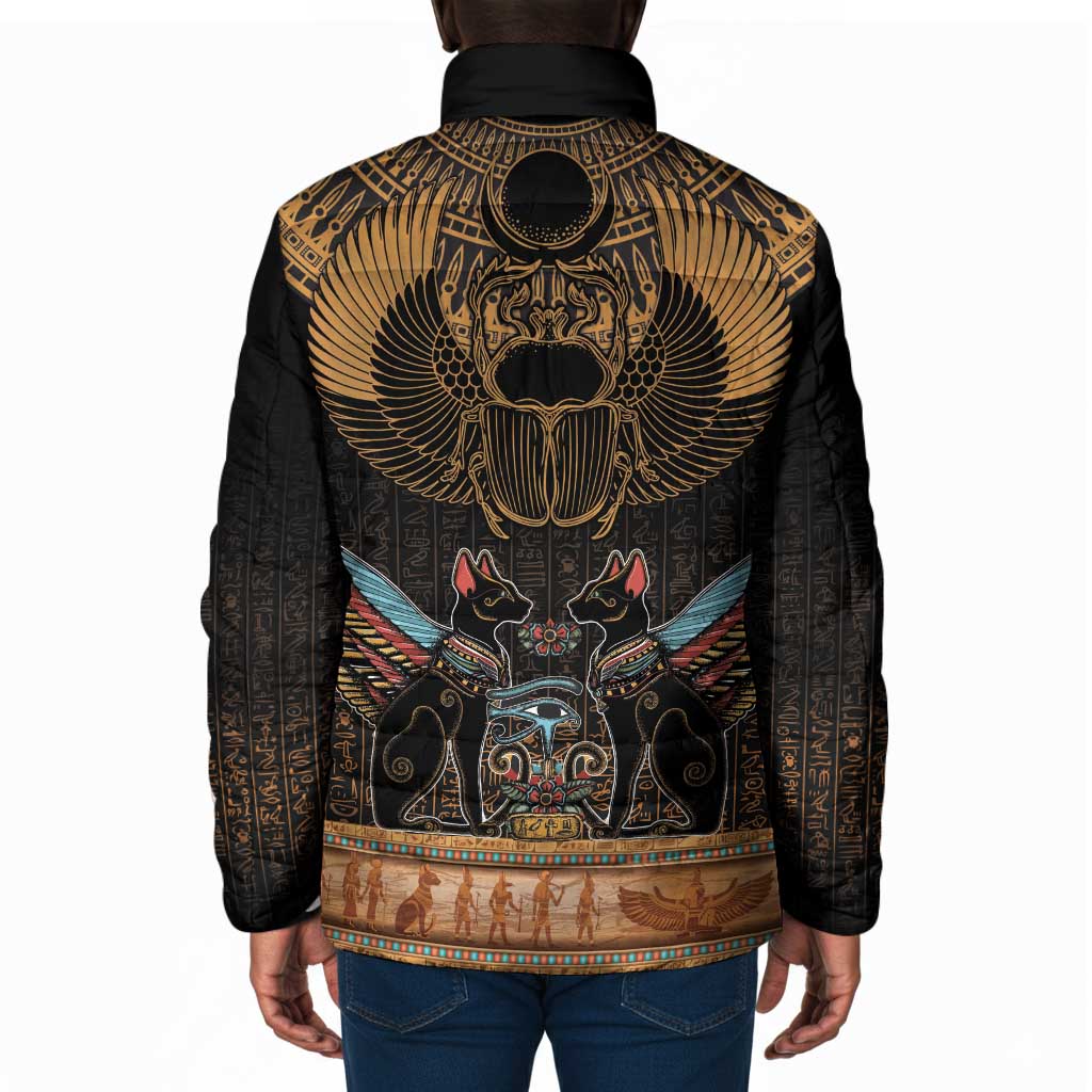 Ancient Egypt Scarab Beetle Padded Jacket Hieroglyphs Alphabet Pattern