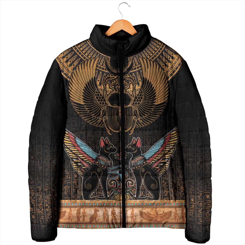 Ancient Egypt Scarab Beetle Padded Jacket Hieroglyphs Alphabet Pattern