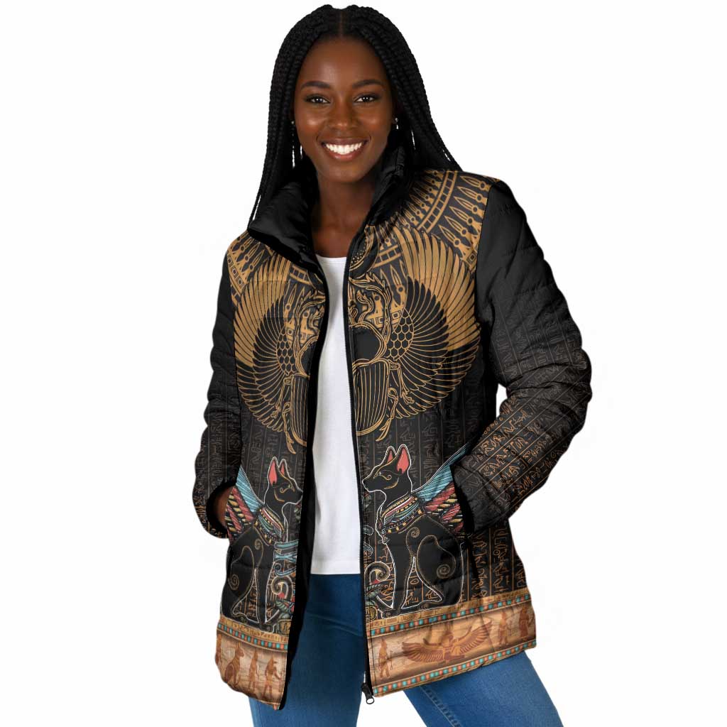 Ancient Egypt Scarab Beetle Padded Jacket Hieroglyphs Alphabet Pattern