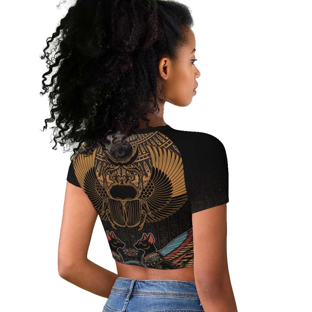 Ancient Egypt Scarab Beetle Raglan Cropped T shirt Hieroglyphs Alphabet Pattern