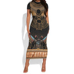 Ancient Egypt Scarab Beetle Short Sleeve Bodycon Dress Hieroglyphs Alphabet Pattern LT18