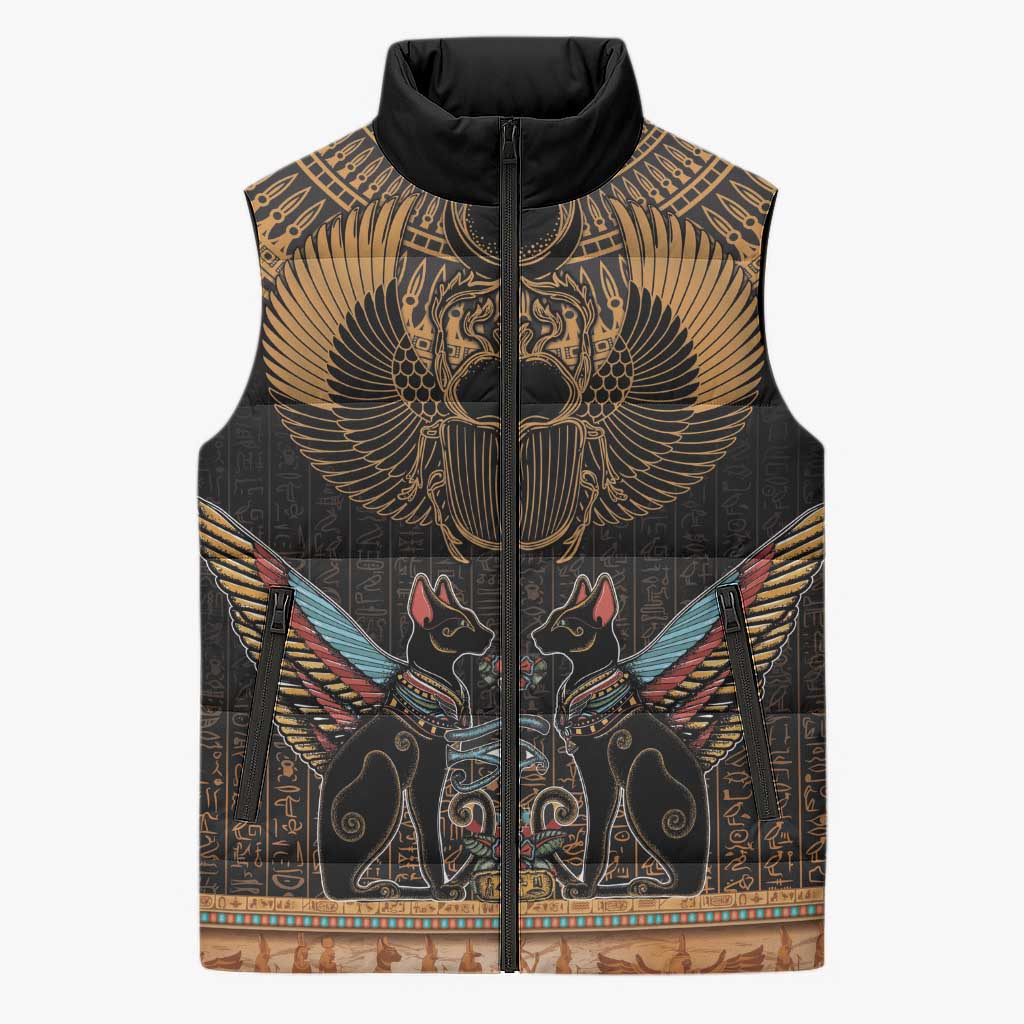 Ancient Egypt Scarab Beetle Sleeveless Puffer Jacket Hieroglyphs Alphabet Pattern