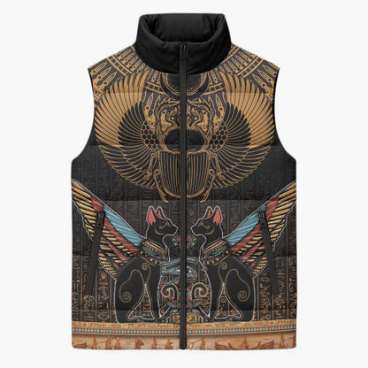 Ancient Egypt Scarab Beetle Sleeveless Puffer Jacket Hieroglyphs Alphabet Pattern