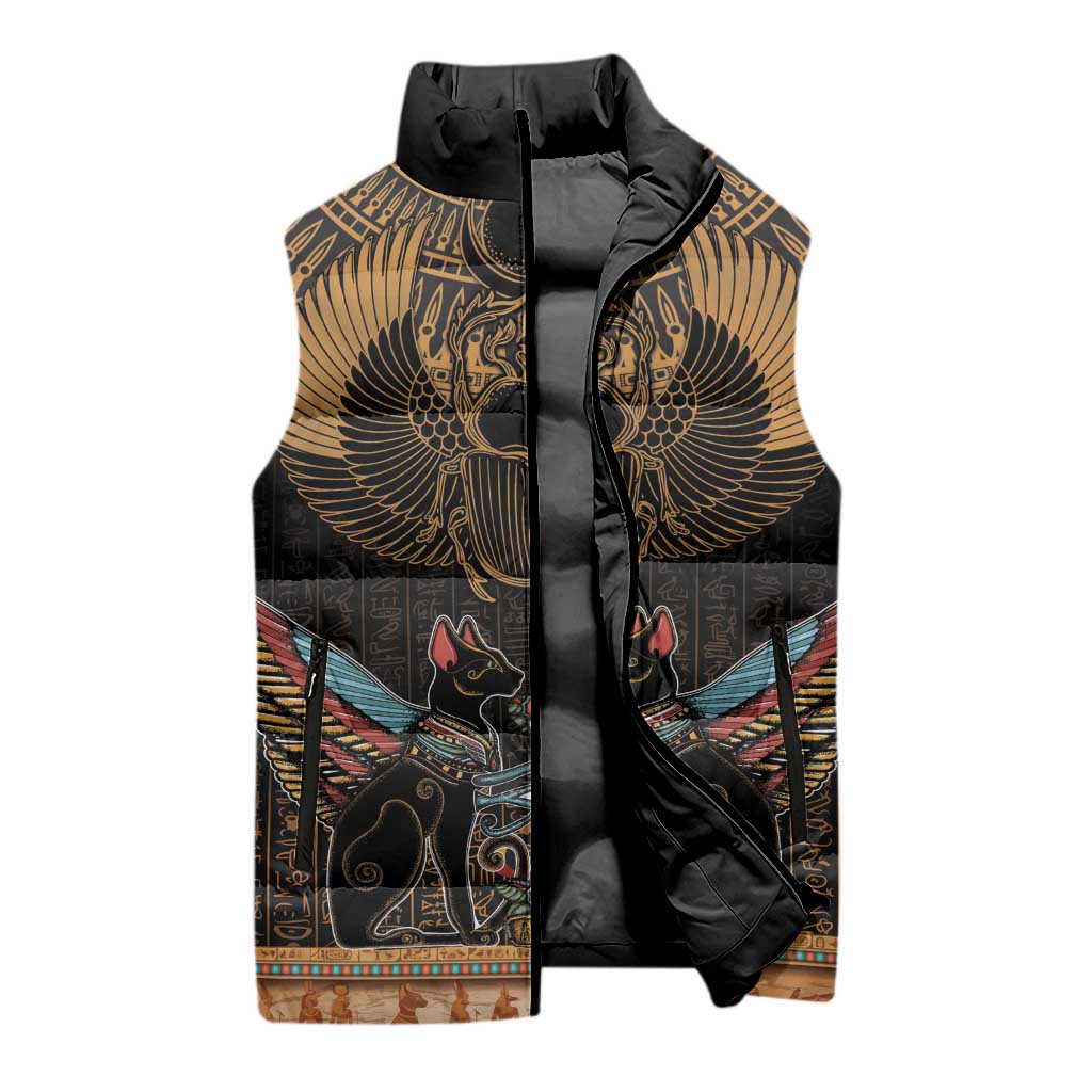 Ancient Egypt Scarab Beetle Sleeveless Puffer Jacket Hieroglyphs Alphabet Pattern