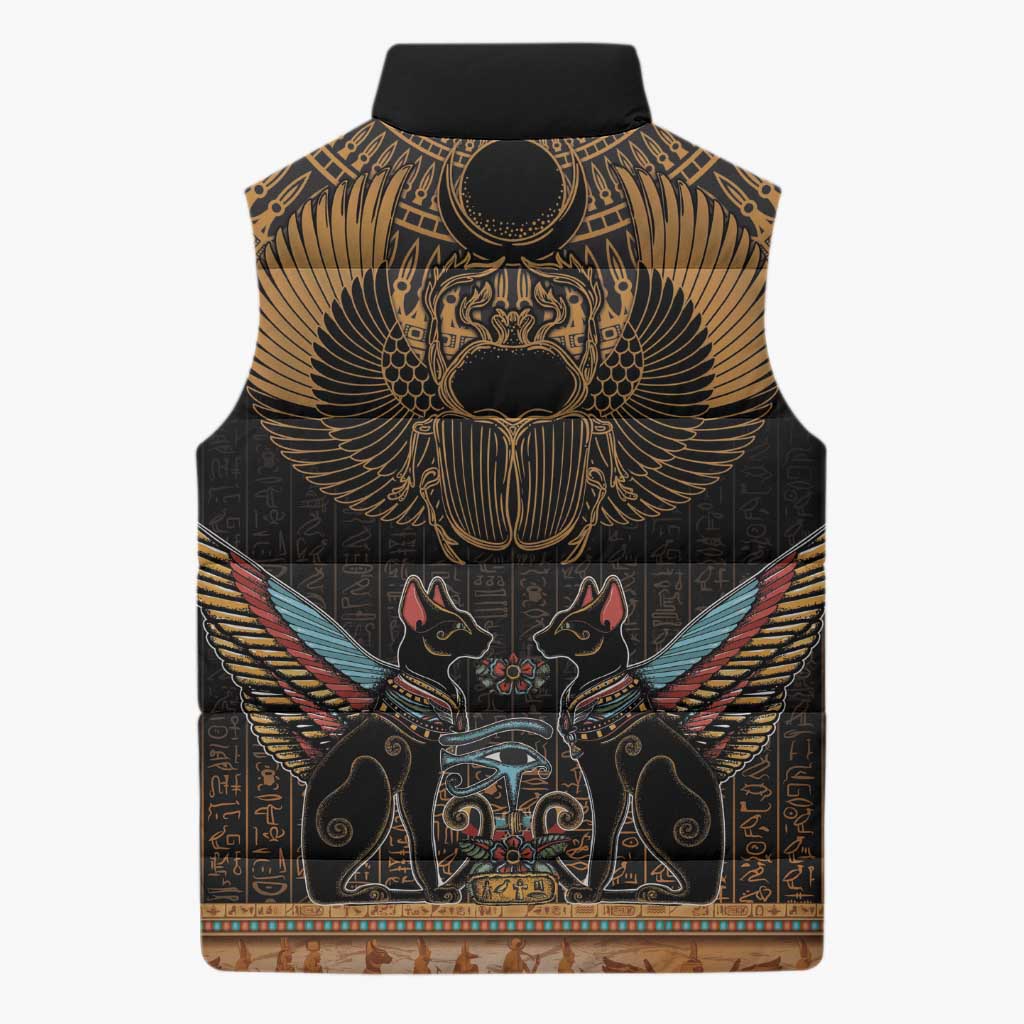 Ancient Egypt Scarab Beetle Sleeveless Puffer Jacket Hieroglyphs Alphabet Pattern