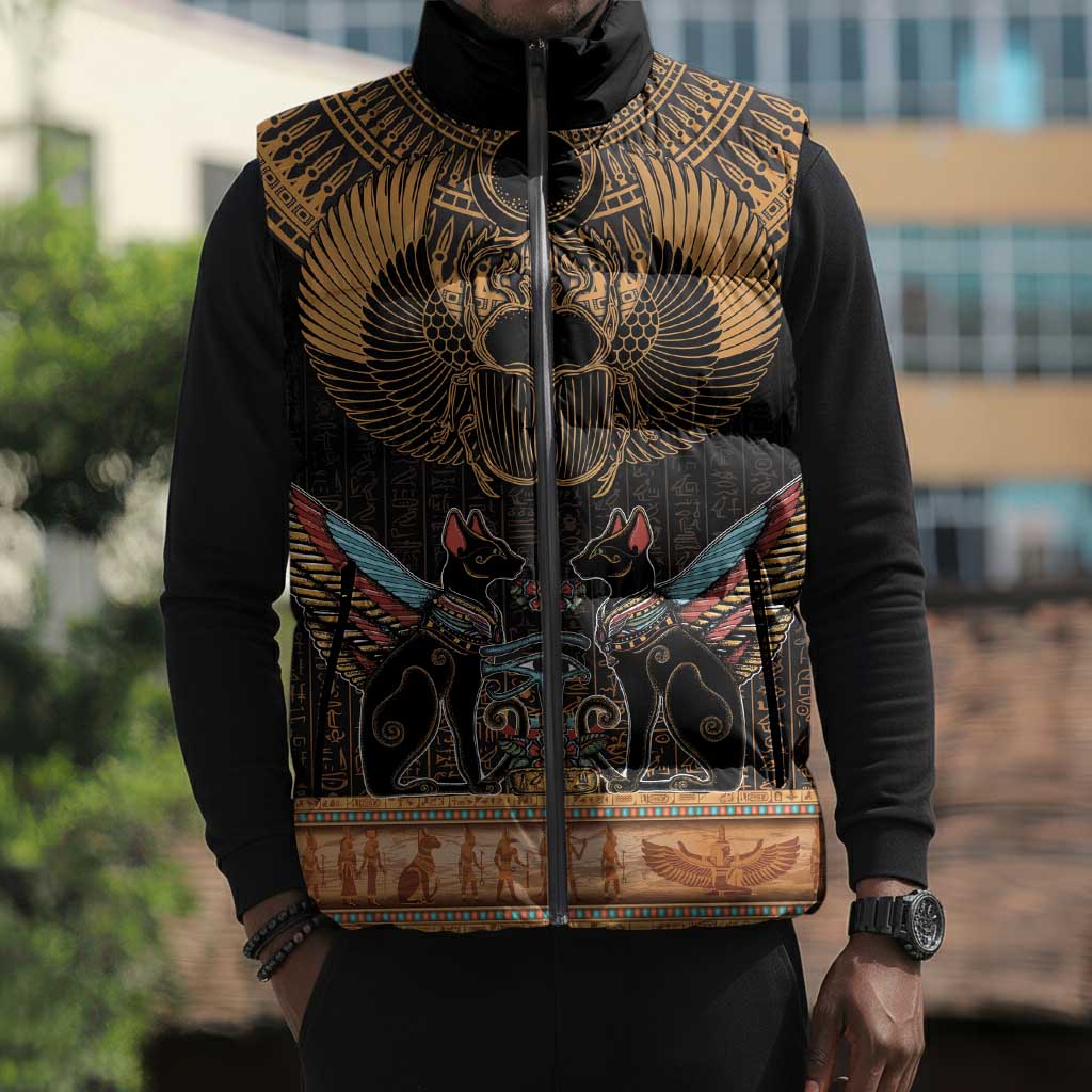 Ancient Egypt Scarab Beetle Sleeveless Puffer Jacket Hieroglyphs Alphabet Pattern