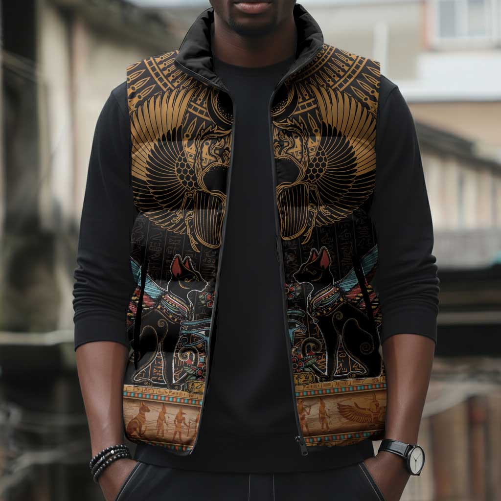 Ancient Egypt Scarab Beetle Sleeveless Puffer Jacket Hieroglyphs Alphabet Pattern