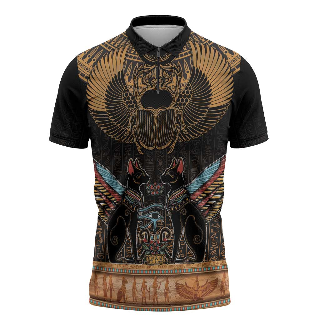 Ancient Egypt Scarab Beetle Zipper Polo Shirt Hieroglyphs Alphabet Pattern