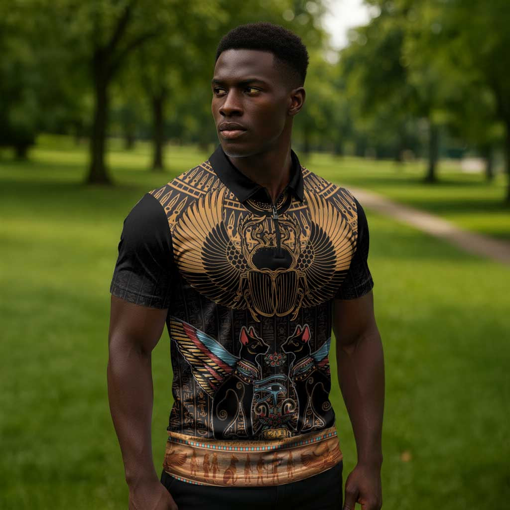 Ancient Egypt Scarab Beetle Zipper Polo Shirt Hieroglyphs Alphabet Pattern