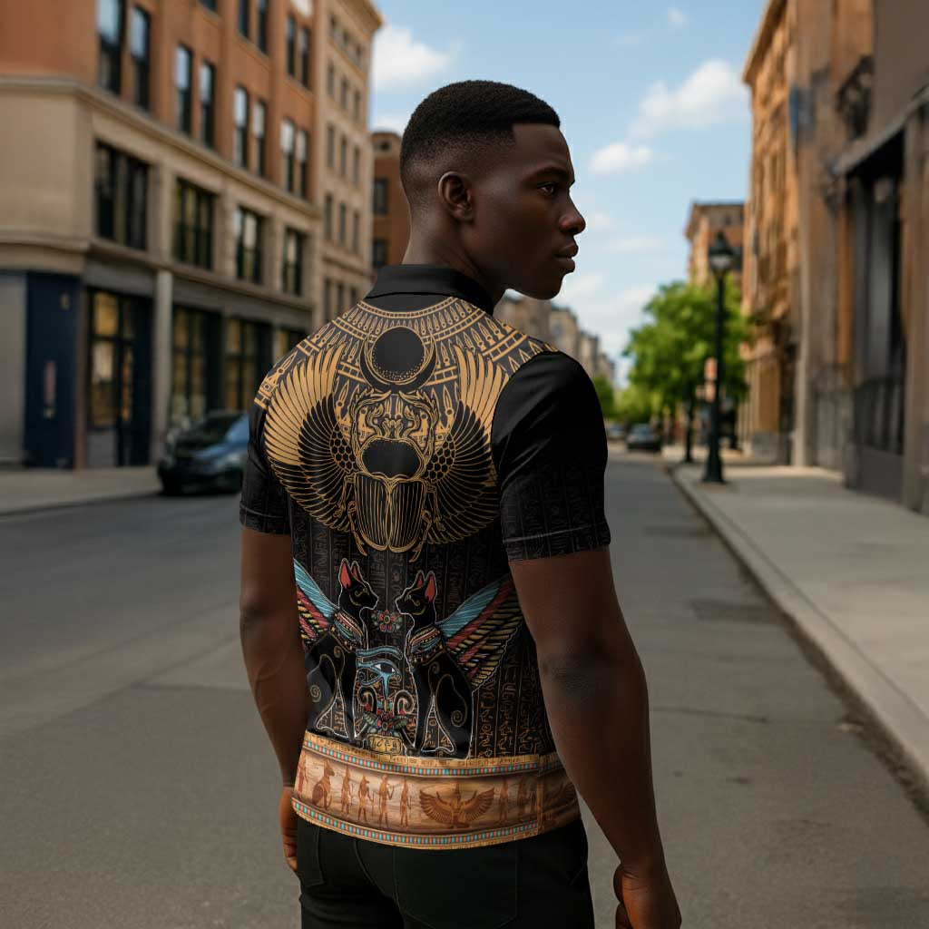 Ancient Egypt Scarab Beetle Zipper Polo Shirt Hieroglyphs Alphabet Pattern