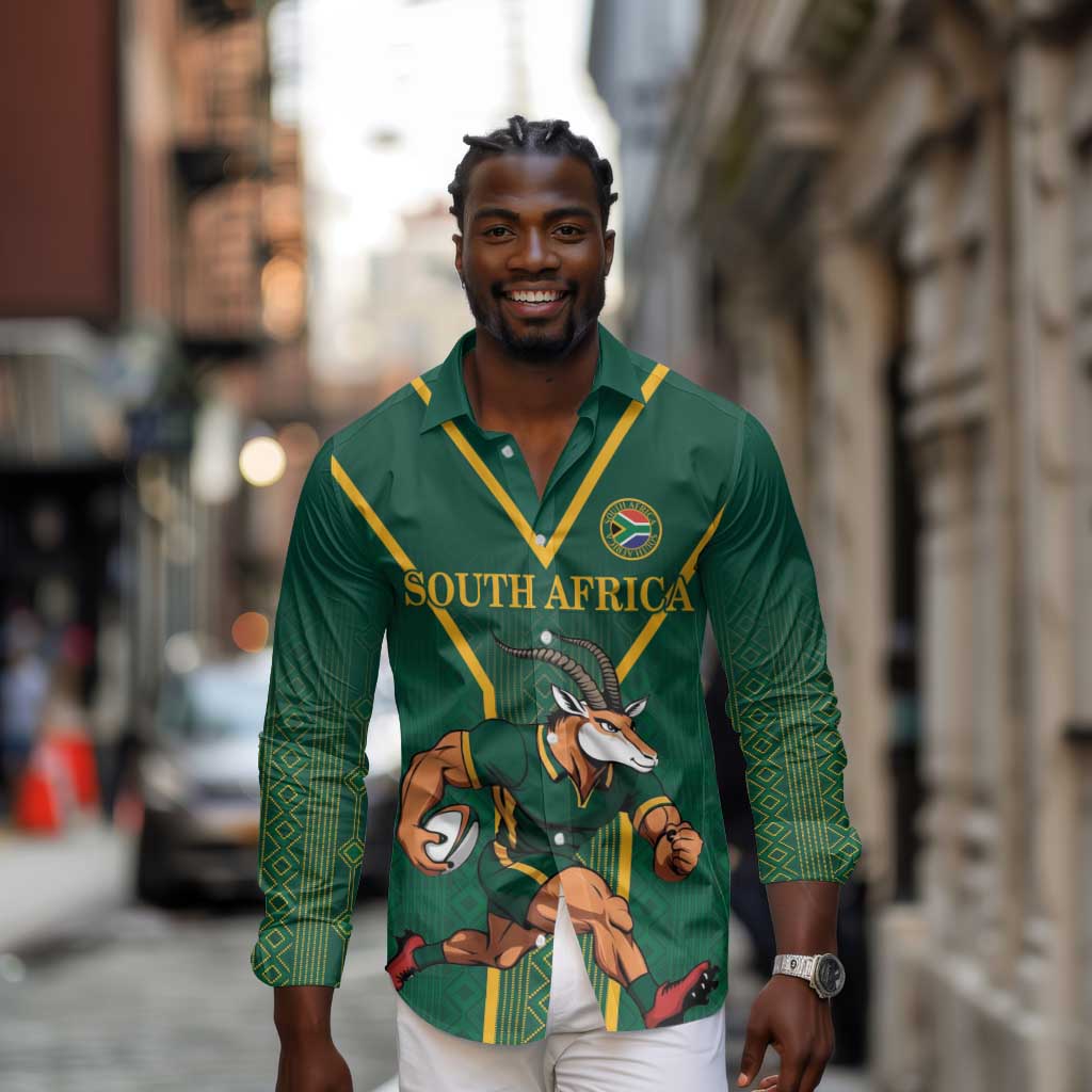Custom South Africa Rugby Long Sleeve Button Shirt Go Springboks - African Pride