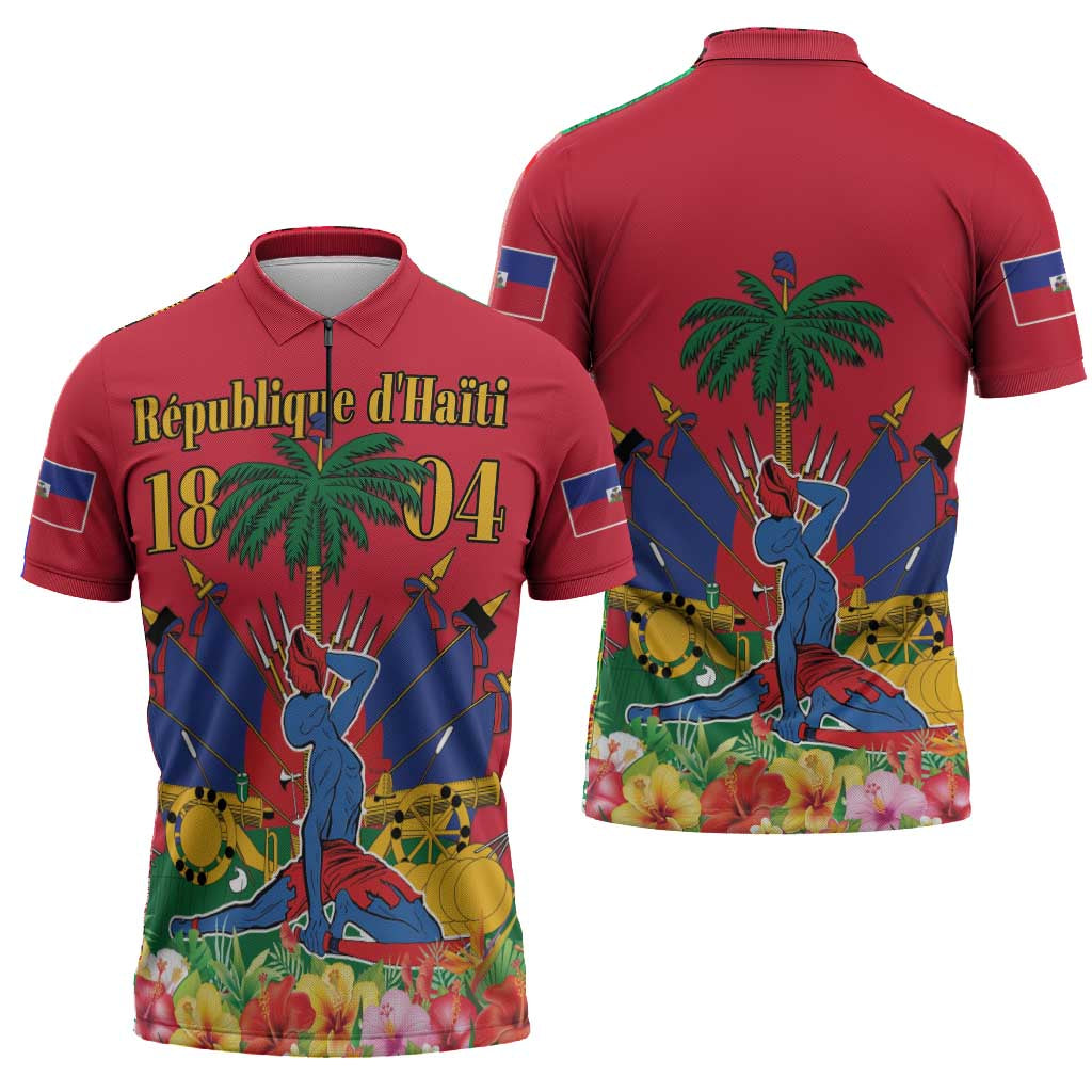Afro-Haitians Independence Day Zipper Polo Shirt Le Marron Inconnu Unity Makes Strength