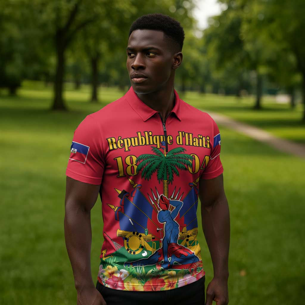 Afro-Haitians Independence Day Zipper Polo Shirt Le Marron Inconnu Unity Makes Strength