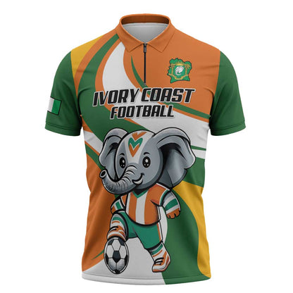Custom Ivory Coast Football Zipper Polo Shirt Les Elephants Mascot - African Pride