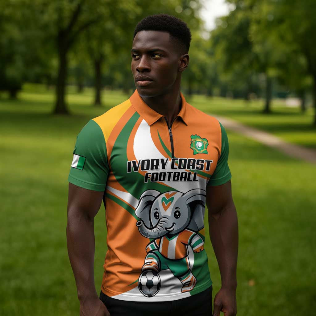 Custom Ivory Coast Football Zipper Polo Shirt Les Elephants Mascot - African Pride